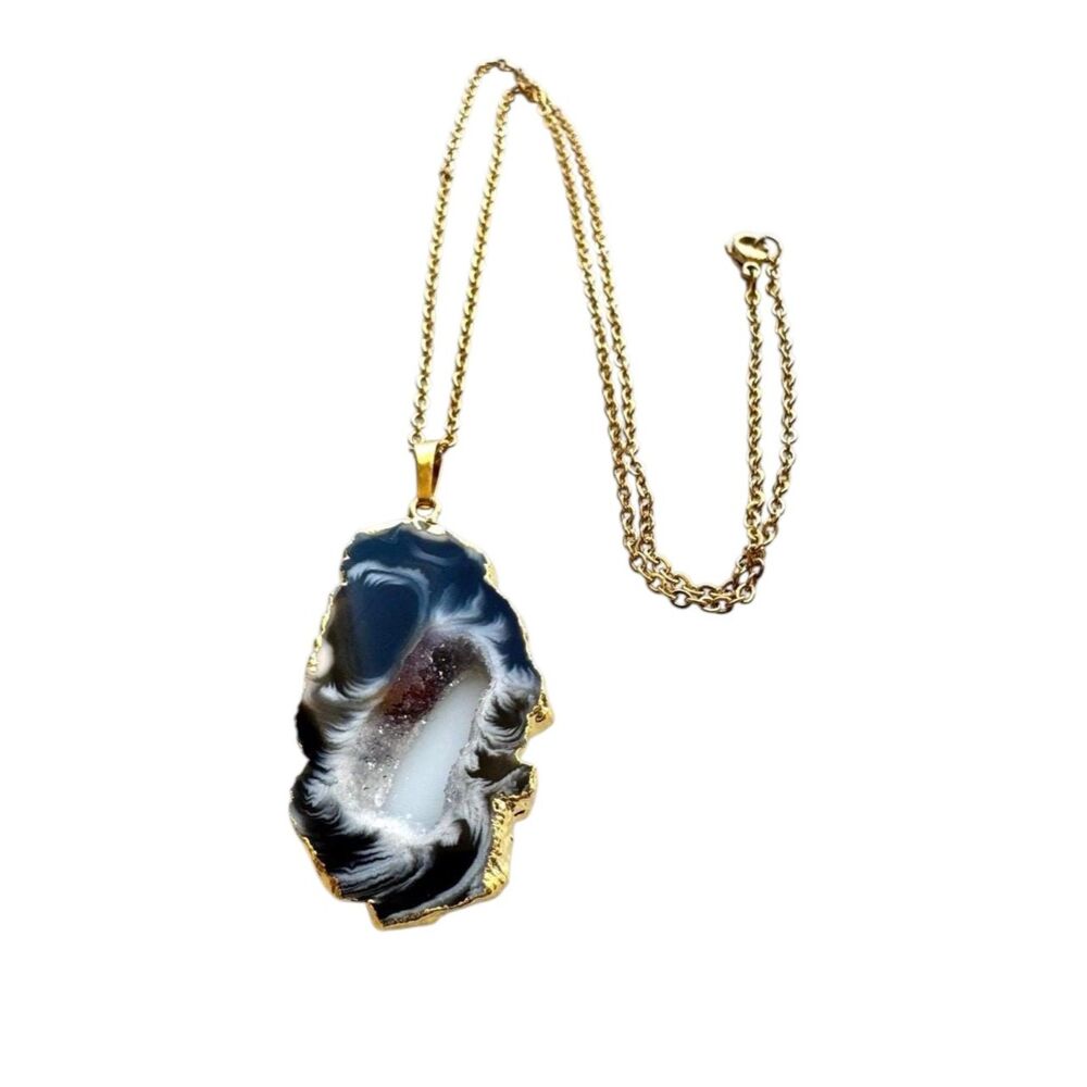Unique One of a Kind Agate Crystal Slice 10kt Gold Necklace #7025